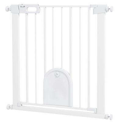 PawHut 30"-32" Extra Wide Pet Gate Barrier with Small Door, 30"H Dog Gate with Safety Gate Barrier, Stair Pressure Fit, White