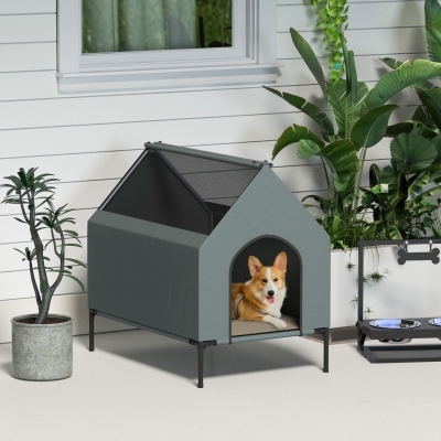 PawHut Dog House Outdoor Elevated Dog Bed with Removable Cover, Mesh Windows, Storage Bag, for S and M-Sized Dogs, Grey