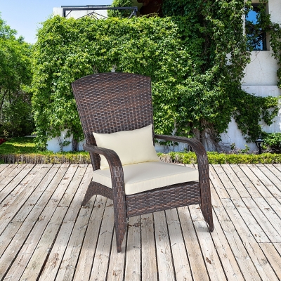 Outsunny Patio Wicker Adirondack Chair, Outdoor PE Rattan Fire Pit Chair, Muskoka Chair w/ Soft Cushions, Tall Curved Backrest and Comfortable Armrests for Deck or Garden, White