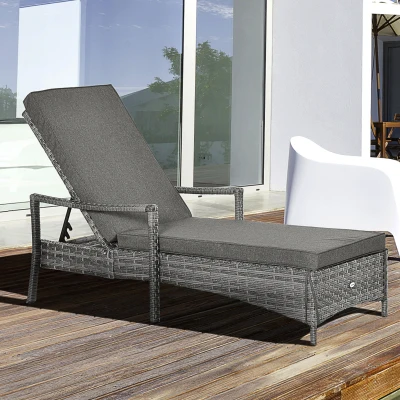 Outsunny Wicker Chaise Lounge, Adjustable Backrest, Dark Gray