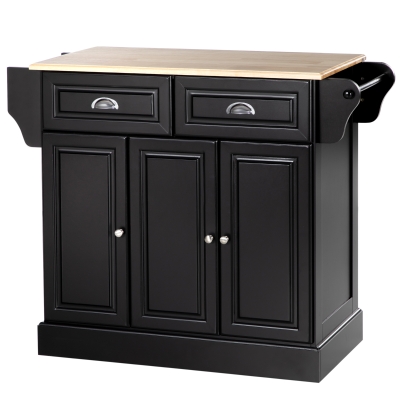 HOMCOM Kitchen Island with Storage Rolling Kitchen Serving Cart with Rubber Wood Top Towel Rack Storage Drawer Cabinet, Black