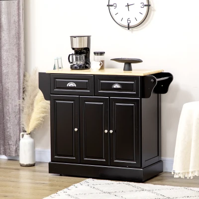 HOMCOM Triple-Cabinet Kitchen Island Cart with Drawers, Black
