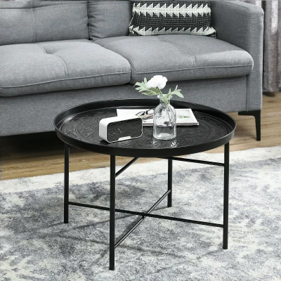 HOMCOM 24" Round Coffee Table with Hammered Top, Black