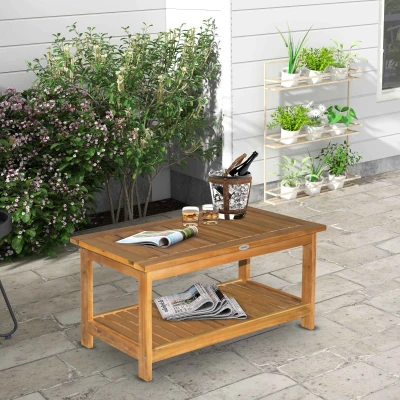 Outsunny 36" Outdoor Coffee Table, Acacia Wood, 2-Shelf
