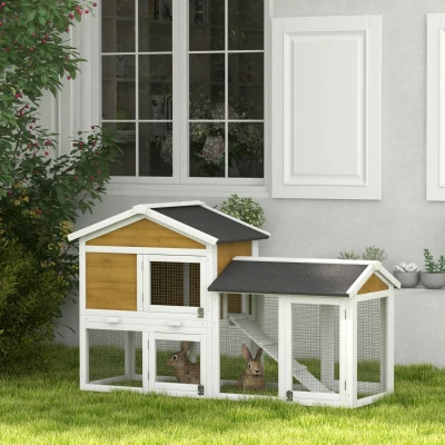 PawHut 58" Wooden Rabbit Hutch with Run, Nature Wood