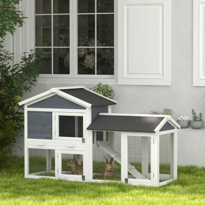 PawHut 58" Wooden Rabbit Hutch with Run, Gray