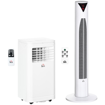 HOMCOM 8000 BTU Portable Air Conditioner and Tower Fan Set, 344 Sq. Ft., 3-in-1 Portable AC Unit and Floor Fan with Timer On/off, Remote, Window Kits, White