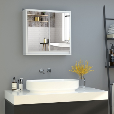 HOMCOM Wall Mounted Bathroom Medicine Cabinet Mirrored Cabinet with Hinged Door 2-Tier Storage Shelves White