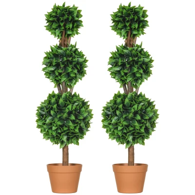 HOMCOM 2 Pack 35.5" Artificial Trees, Boxwood Topiary Ball Trees with Pot for Indoor, Outdoor, Home Office, Living Room, Green