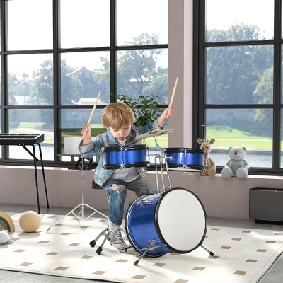 Qaba 7 Piece Kids Drum Set with Throne, Cymbal, Pedal, Drumsticks, Blue