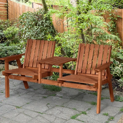 Outsunny Wooden Patio Bench with Table & Umbrella Hole, Orange