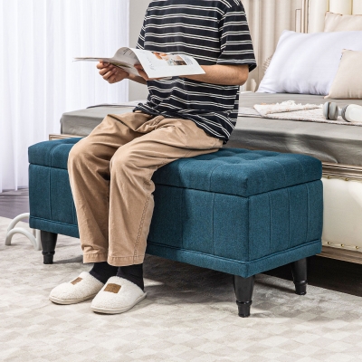 HOMCOM Storage Ottoman, Linen Fabric End of Bed Bench with Button Tufted Storage Bench for Bedroom, Blue