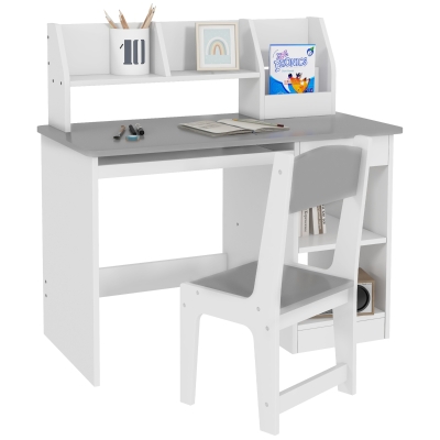 Qaba Kids Desk and Chair Set for 5-8 Year Old with Storage, Study Table and Chair for Children, Grey