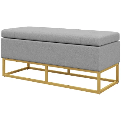 HOMCOM Flip Top Storage Ottoman, Upholstered Storage Bench, Linen Fabric Footstool for Living Room, Bedroom, Grey
