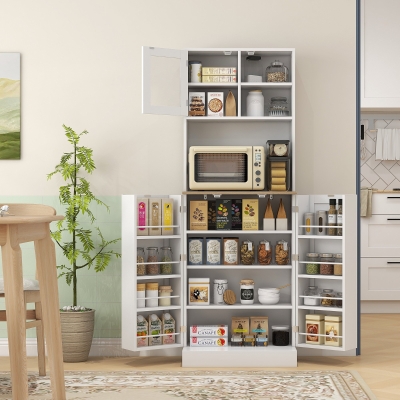 HOMCOM 66.5" Tall Kitchen Pantry Cabinet, Kitchen Hutch, Microwave Cabinet with Adjustable Shelves for Dining Room, White