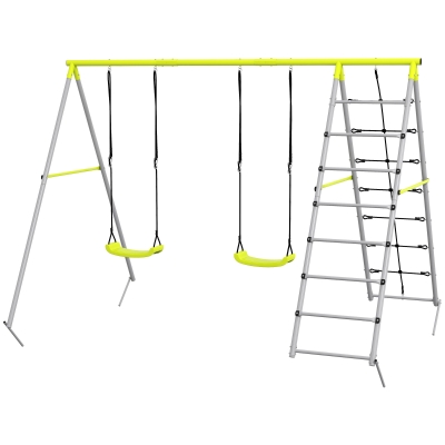 Outsunny 4 in 1 Metal Swing Set with Double Swings, Climber, Climbing Net for Kids, Toddlers, Backyard, Outdoor, Playground