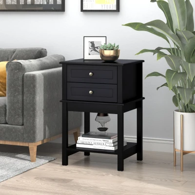 HOMCOM Modern Side Table with 2 Drawers & Shelf, Black