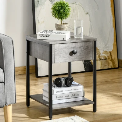 HOMCOM Industrial Side Table with Drawer & Storage Shelf, Gray