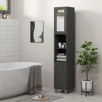 kleankin Tall Bathroom Storage Cabinet w/ Mirror & Adjustable Shelves, Gray