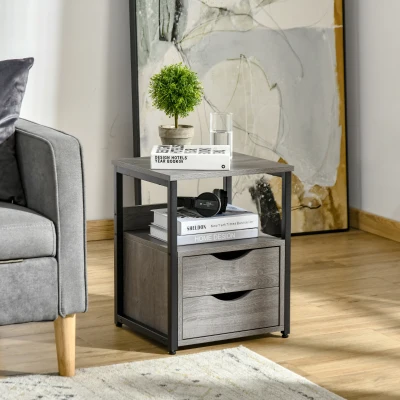 HOMCOM Industrial End Table, 2 Drawers, Open Shelf, Gray