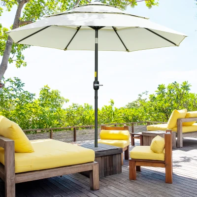 Outsunny 9FT Patio Umbrella, 3 Tiers, Crank, Beige