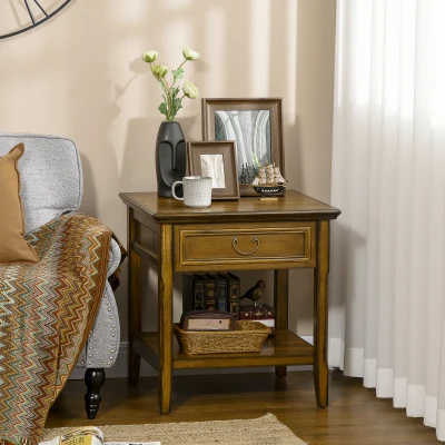 HOMCOM Retro Side Table with Drawer & Shelf, Dark Coffee
