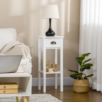 HOMCOM 2-Tier Side Table with Drawer & Shelf, White