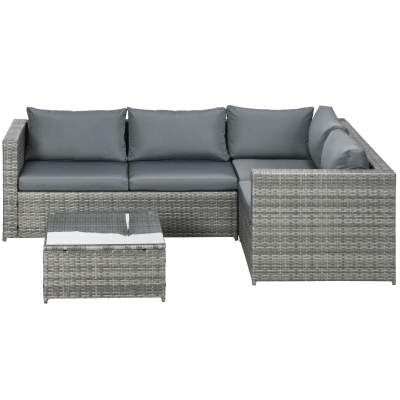 Outsunny 3 Pieces Rattan Wicker Outdoor Conversation Furniture Set w/ Loveseats Coffee Table Cushions for Garden, Patio, Grey