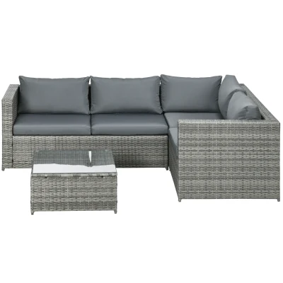 Outsunny 3 Pieces Rattan Wicker Outdoor Conversation Furniture Set w/ Loveseats Coffee Table Cushions for Garden, Patio, Grey