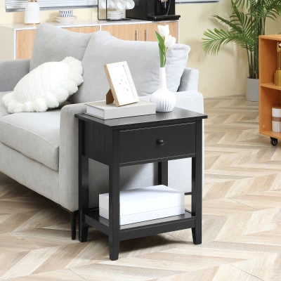 HOMCOM Modern End Table, 2-Tier with Drawer, Black