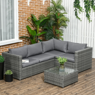 Outsunny 3 Pieces Rattan Wicker Outdoor Conversation Furniture Set w/ Loveseats Coffee Table Cushions for Garden, Patio, Grey