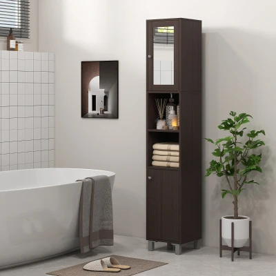 kleankin Tall Bathroom Cabinet w/ Mirror & Adjustable Shelves, Coffee