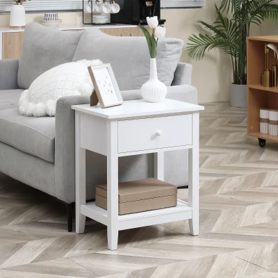 HOMCOM Modern End Table, 2-Tier with Drawer, White
