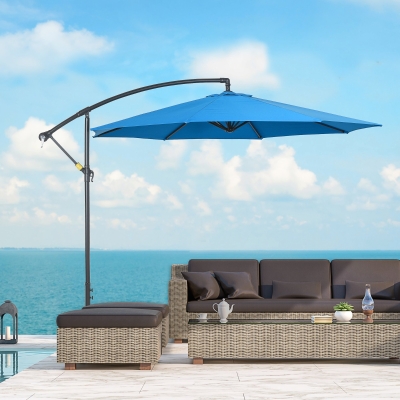 Outsunny 10ft Offset Patio Umbrella with Base, Garden Hanging Parasol with Crank, Banana Cantilever Umbrella Sun Shade, Blue