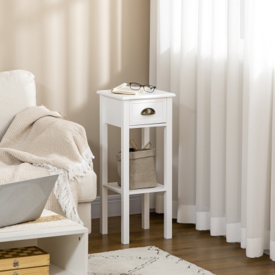 HOMCOM 2 Tier Side Table, Set of 2, Narrow Tall End Table with Drawer and Shelf, Slim Wooden Nightstand for Living Room, Bedroom, Hallway, White
