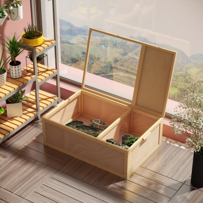 PawHut Wooden Tortoise Enclosure with Two Room Design, for Indoor Use, 37" x 25" x 13", Nature Wood