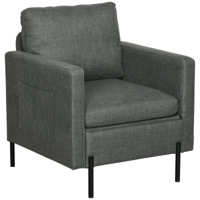HOMCOM Armchair, Fabric Accent Chair, Modern Living Room Chair with Metal Legs, 2 Side Pockets for Bedroom, Grey