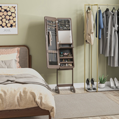 HOMCOM Standing Mirror Jewellery Cabinet, Jewellery Storage Cabinet with LED Lights and Angle Adjustable Full Length Mirror, Brown