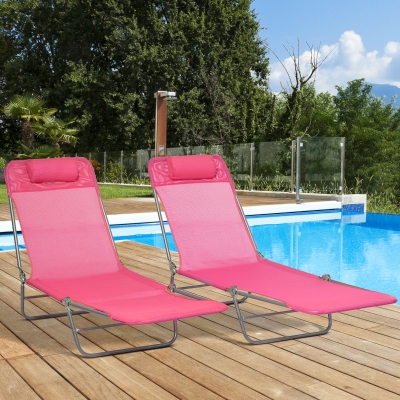Outsunny Set of 2 Folding Chaise Lounge Chairs, Outdoor Poolside Sun Tanning Chairs w/ Pillow, Reclining Backrest, Pink