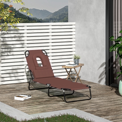 Outsunny Adjustable Outdoor Lounge Chair, Garden Folding Chaise Lounge with Face Hole Reclining Tanning Chair Seat, Folding Camping Beach Lounging Bed w/ Support Pillow, Brown