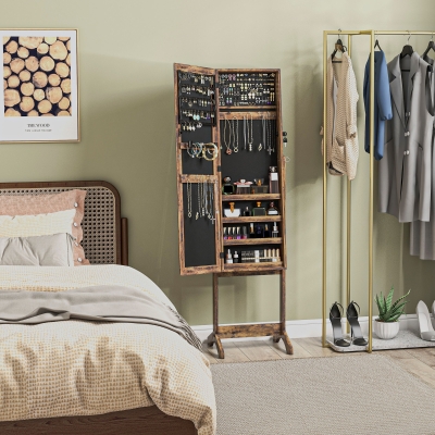 HOMCOM Lockable Mirror Jewelry Cabinet, Full-Length Mirror and Jewellery Storage with 3 Adjustable Angles, Rustic Brown