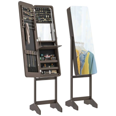 HOMCOM Standing Mirror Jewelry Cabinet, Jewelry Storage Cabinet with LED Lights and Angle Adjustable Full Length Mirror, Brown