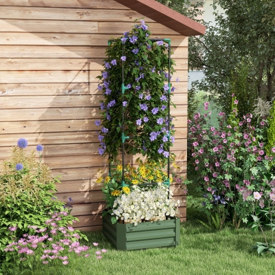 Outsunny Galvanized Planter Box, Outdoor Raised Garden Bed with 4-Tier Trellis Tomato Cage for Climbing Vines, Vegetables, Green