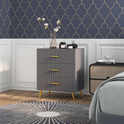 HOMCOM 3 Drawer Cabinet, Drawer Chest for Bedroom, Chest of Drawers with Aluminium Legs and Gold Handles, Dark Grey
