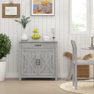 HOMCOM Farmhouse Sideboard Cabinet with Barn Doors, Stone Gray