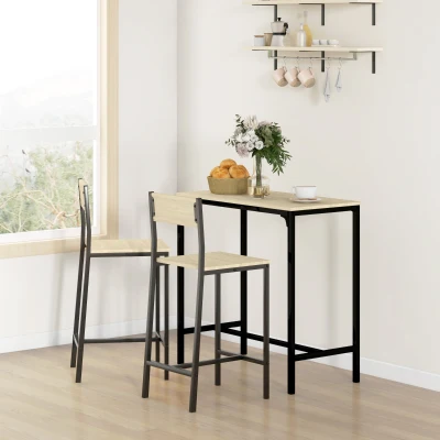 HOMCOM 3 Piece Bar Table and Stools Set with Footrest, Oak