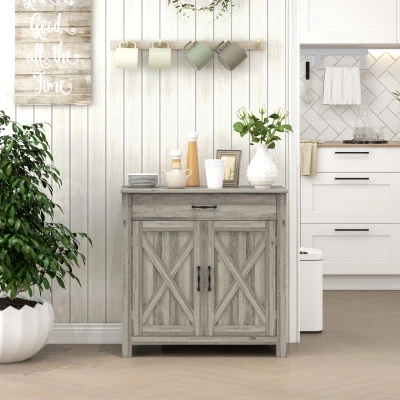 HOMCOM Farmhouse Sideboard Cabinet with Barn Doors, Gray Wash