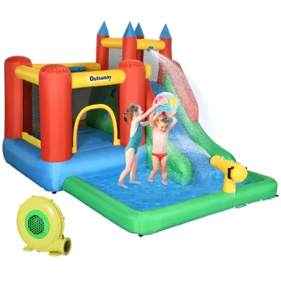 Outsunny Kids Inflatable 6 in 1 Bouncy Castle House Trampoline Slide Water Pool Gun Climbing Wall Basket with Inflator for Kids Age 3-12 Summer 11.5' x 8.8' x 7' Multi-color
