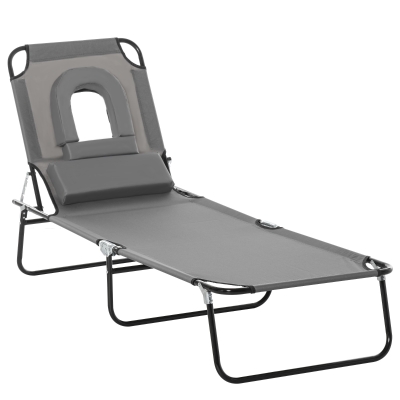 Outsunny Adjustable Outdoor Lounge Chair, Garden Folding Chaise Lounge with Face Hole Reclining Tanning Chair Seat, Folding Camping Beach Lounging Bed w/ Support Pillow, Grey