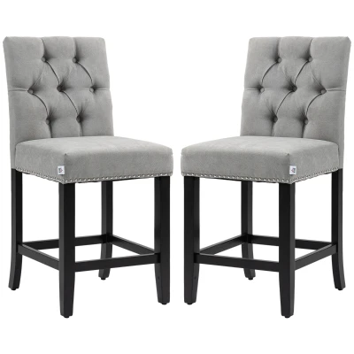 HOMCOM Fabric Bar Stool Set of 2, Tall 25.6" Seat Height Bar Chairs with Tufted Back & Wood Legs, Light Grey